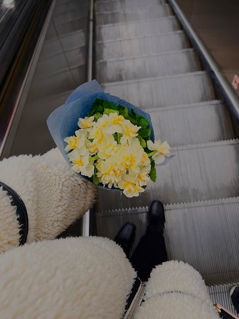 A person dressed in a fluffy beige coat is holding a small bouquet of fresh yellow and cream primroses wrapped in light blue paper. The bouquet features vibrant green leaves that contrast with the sof